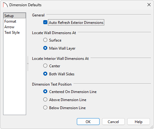 Setup panel of the Dimension Defaults.
