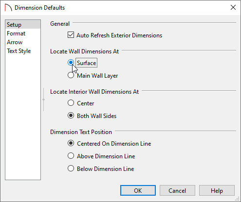 Setup panel of the Dimension Defaults dialog