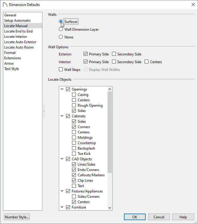 Locate Manual panel of the Dimension Defaults dialog