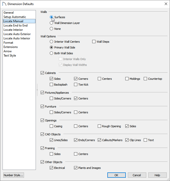 Locate Manual panel of the Dimension Defaults dialog