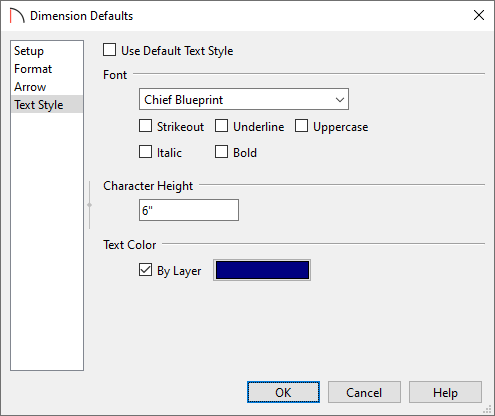 Text Style panel of the Dimension Defaults dialog