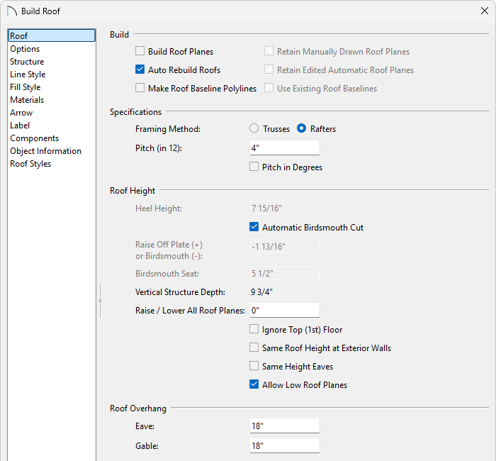 Roof panel of the Build Roof dialog