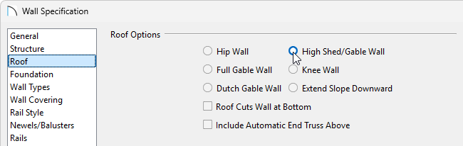 Specify the wall to be a High Shed/Gable Wall on the Roof panel