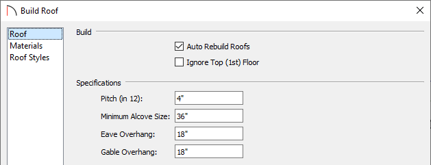 Roof panel of the Build Roof dialog