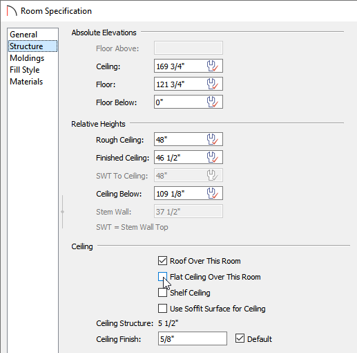 Uncheck Flat Ceiling Over This Room on the Structure panel