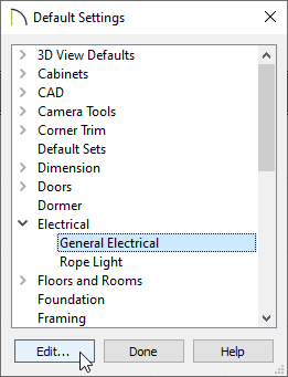 Default Settings dialog with the General Electrical category selected