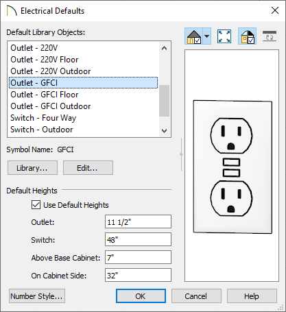 Electrical Defaults dialog with Outlet - GFCI selected