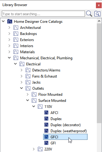 Selecting the GFCI option in the Library Browser