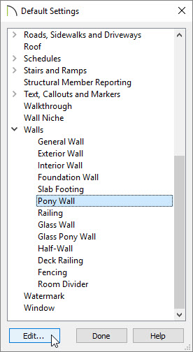 Pony Wall option selected in the Default Settings dialog