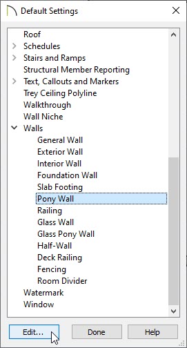 Pony Wall option selected in the Default Settings dialog