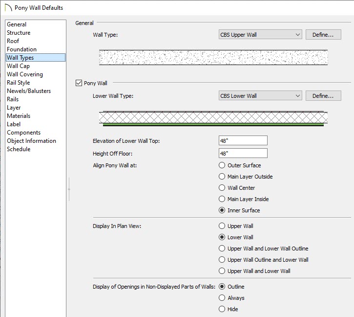 Pony Wall Defaults dialog opened up to the Wall Types dialog panel