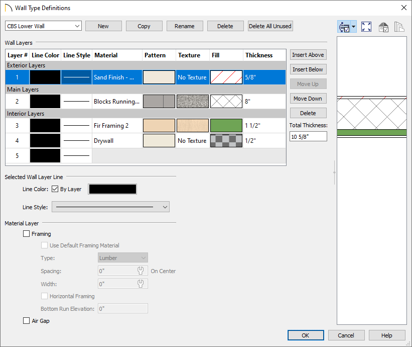 Wall Type Definitions dialog where the CBS Lower Wall is being defined