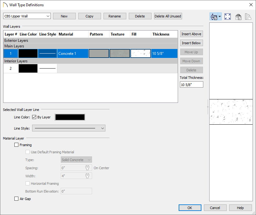 Wall Type Definitions dialog with the CBS Upper Wall defined