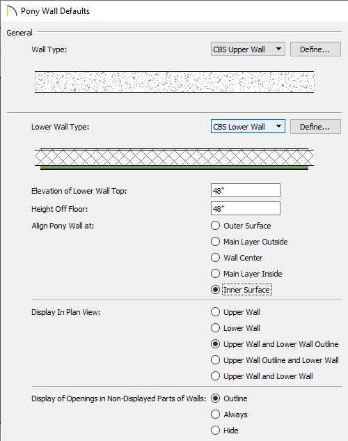 Pony Wall Defaults dialog with the CBS Upper and Lower wall types specified