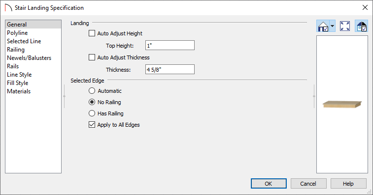 Adjust landing properties in the Stair Landing Specification dialog