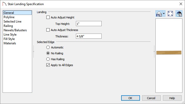 Adjust landing properties in the Stair Landing Specification dialog