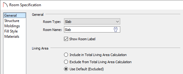 General panel of the Room Specification where the Slab room is specified