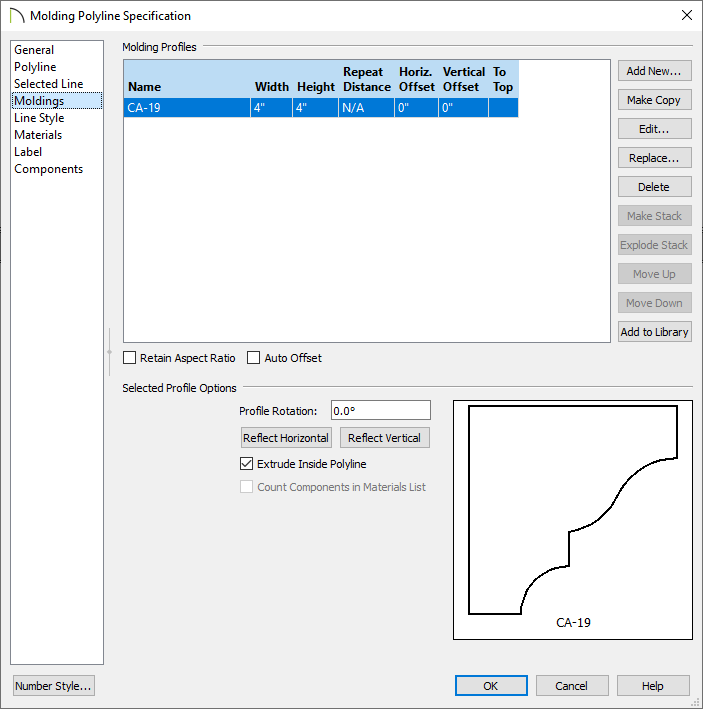 Showing a molding added in the Moldings panel in the Molding Polyline Specification dialog