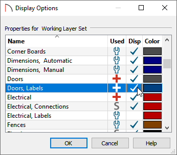 Display Options dialog showing Doors, Labels layer checked for display