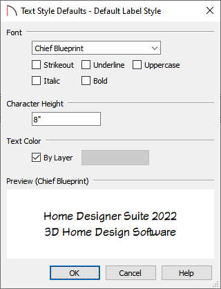 Text Style Defaults for the Default Label Style with the Character Height changed