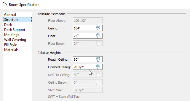 Finished Ceiling Height in Room Specification Changing finished ceiling height in the room specification dialog