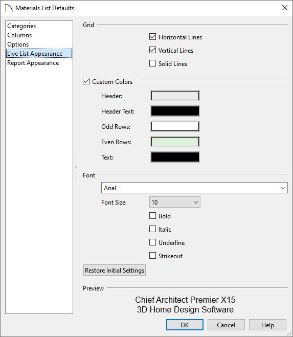 Live List Appearance panel of the Materials List Defaults dialog