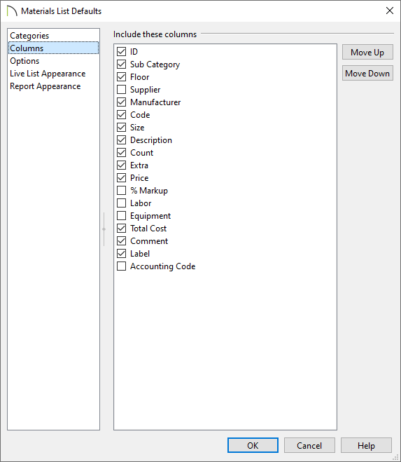 Columns panel of the Materials List Defaults dialog