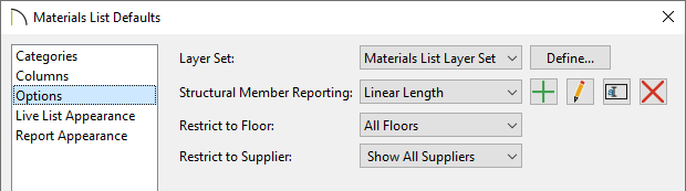 Options panel of the Materials List Defaults dialog