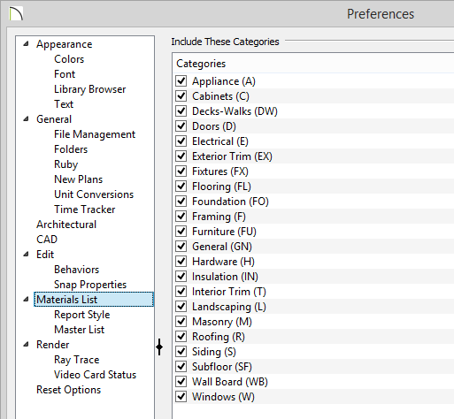 Preferences - Materials List Materials List panel of Preferences showing different categories to include on report