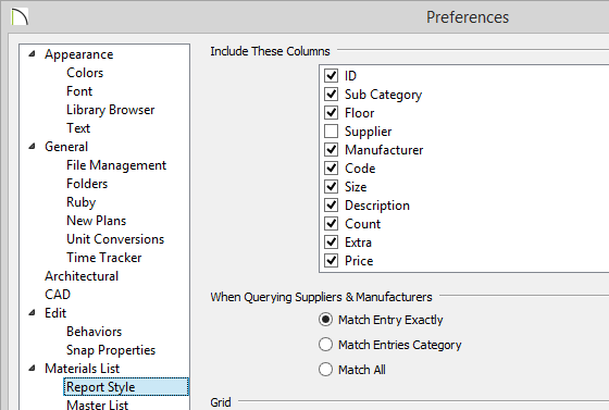 Preferences - Report Style Report Style panel of Preferences showing columns to include on report