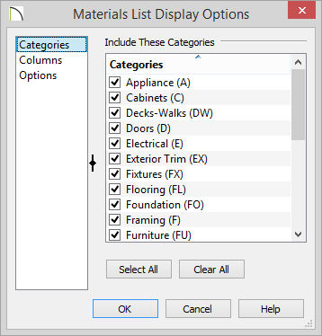 Materials List Display Options - Categories Categories panel of Materials List Display Options showing categories to include on report