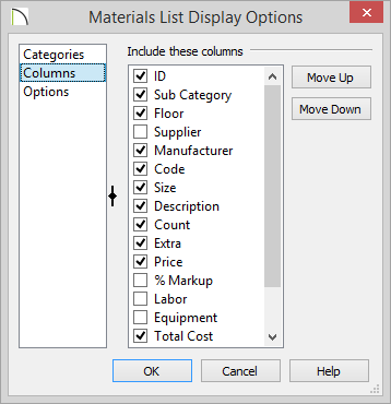 Materials List Display Options - Columns Columns panel of Materials List Display Options showing columns to include on report