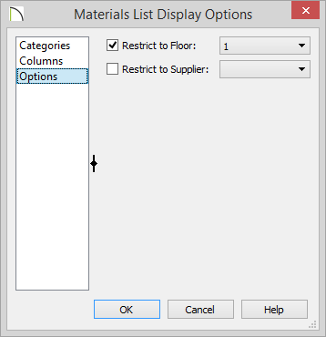 Materials List Display Options - Options Options panel of Materials List Display Options showing Restrict to Floor and Restrict to Supplier options