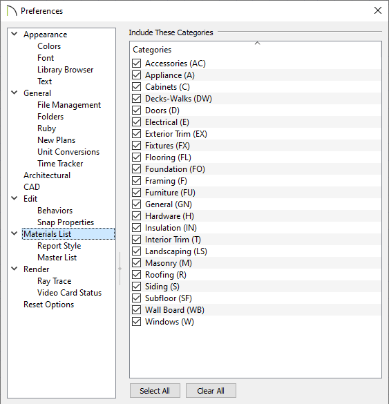 Materials List panel of the Preferences dialog