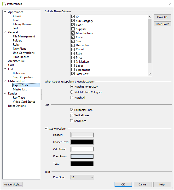 Report Style panel of the Preferences dialog
