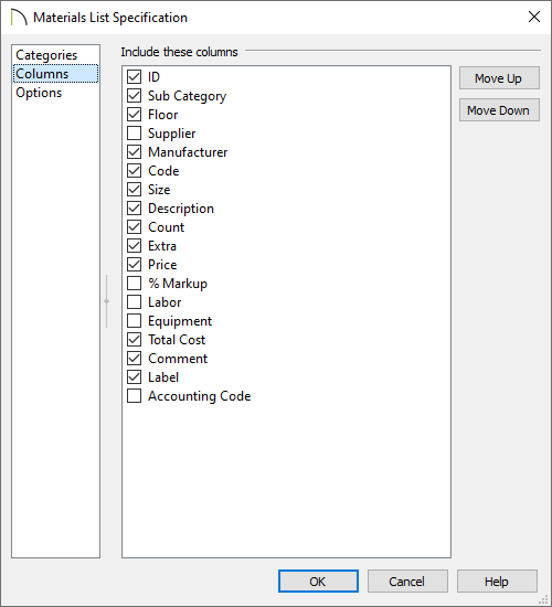 Columns panel of the Materials List Specification dialog