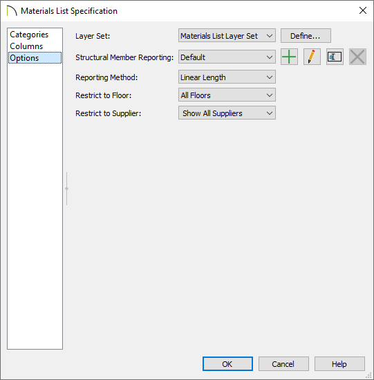 Options panel of the Materials List Specification dialog