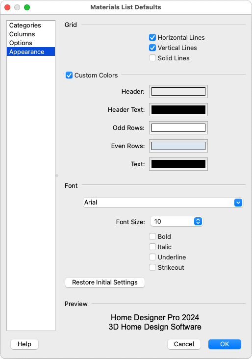 Appearance panel of the Materials List Defaults dialog