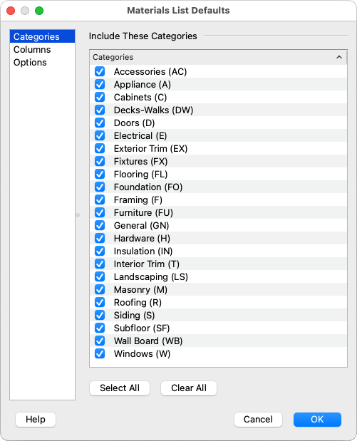 Categories panel of the Materials List Defaults dialog