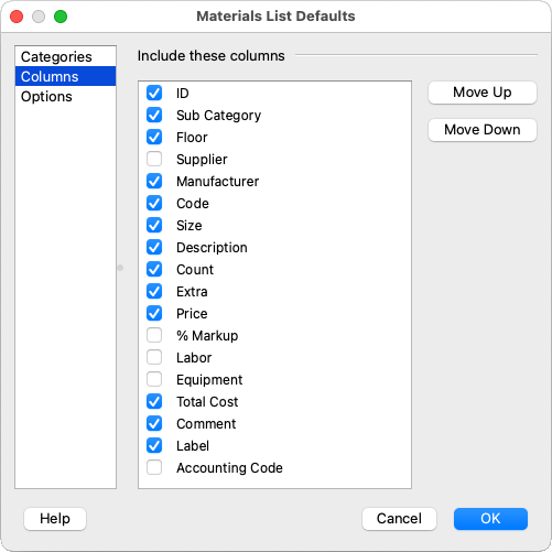 Columns panel of the Materials List Defaults dialog