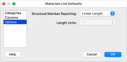 Options panel of the Materials List Defaults dialog