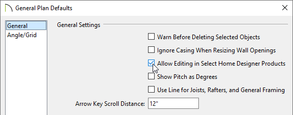 Check Allow Editing in Select Home Designer Products located in the General Plan Defaults dialog