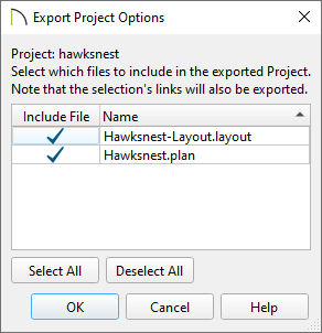Export Project Options dialog that appears when exporting projects using Project Management