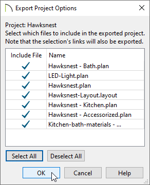 Export Project Options dialog that appears when exporting projects using Project Management