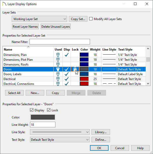 Locking the Doors layer in the Layer Display Options dialog