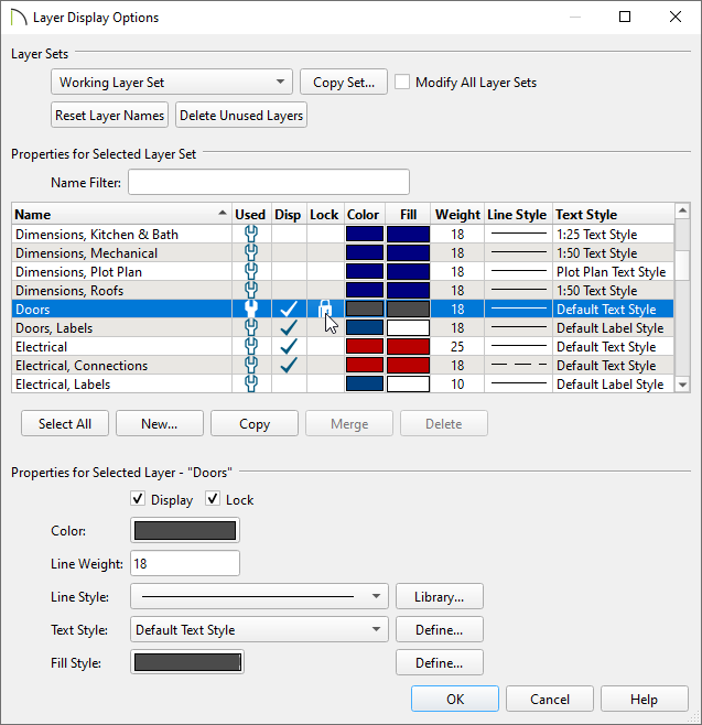 Locking the Doors layer in the Layer Display Options dialog