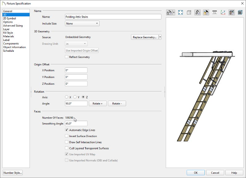 The 3D panel located in the Object/Symbol Specification dialog lists the Number Of Faces for a symbol