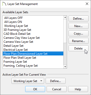 Layer Set Management dialog where layer sets can be deleted