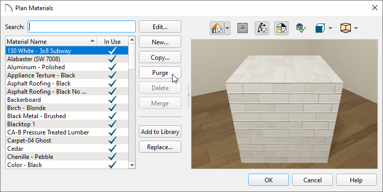 Plan Materials dialog where unused materials can be purged
