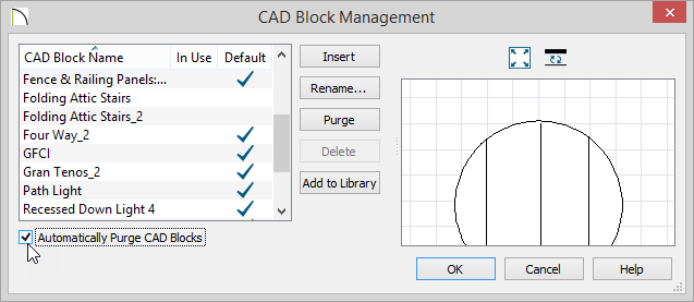 CAD Block Management CAD Block Management showing Purge button and the Automatically Purge CAD Blocks option
